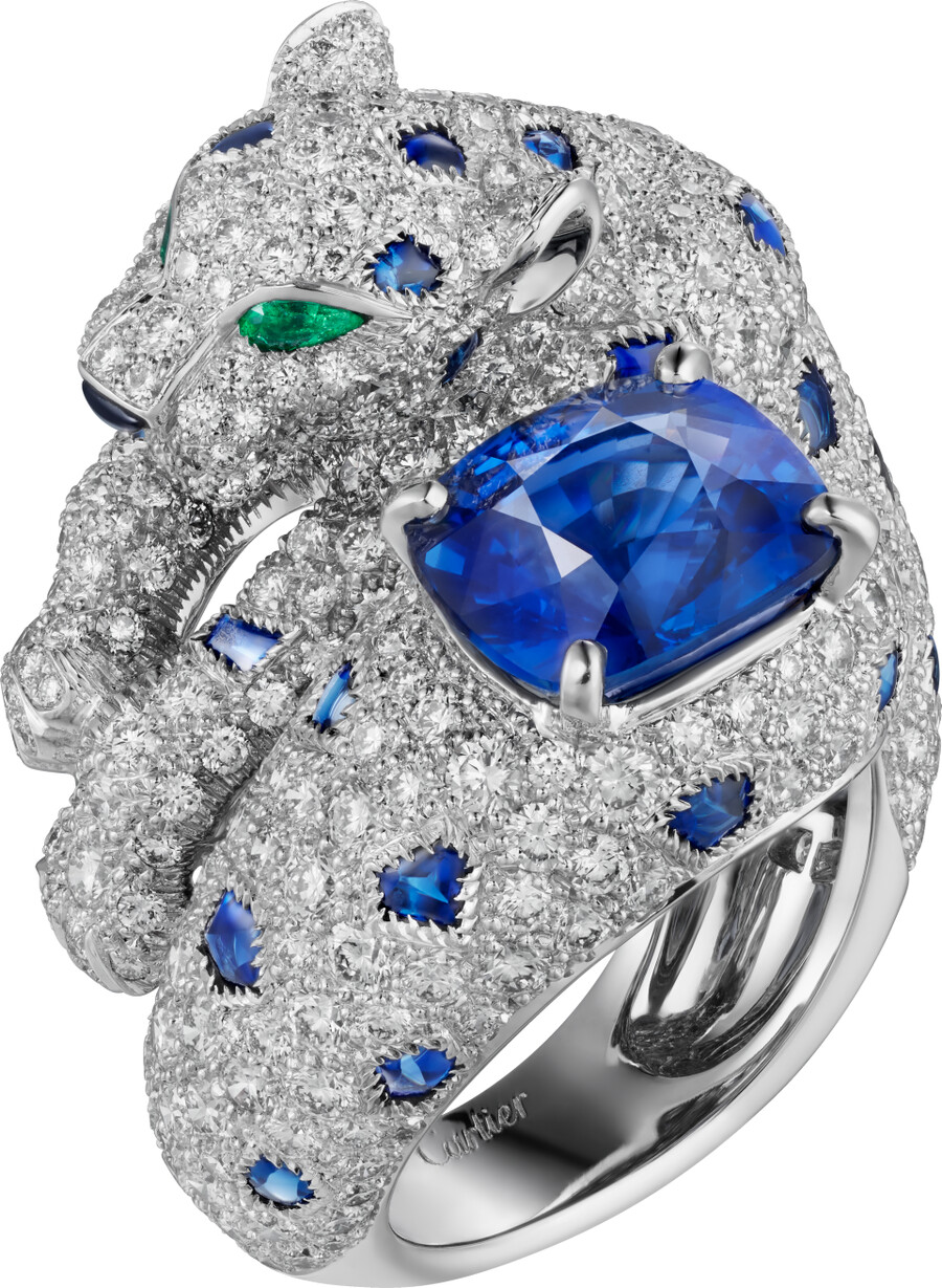 panthère de cartier ring cushion-cut sapphire paved