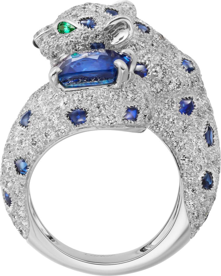 panthère de cartier ring cushion-cut sapphire paved