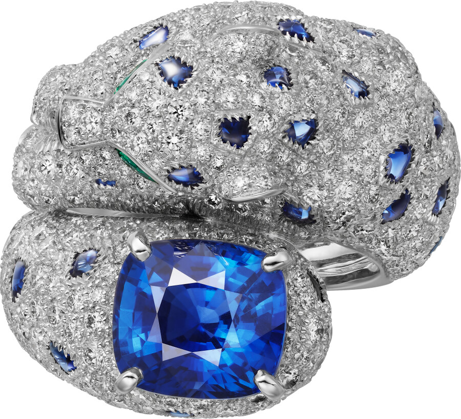 panthère de cartier ring cushion-cut sapphire paved